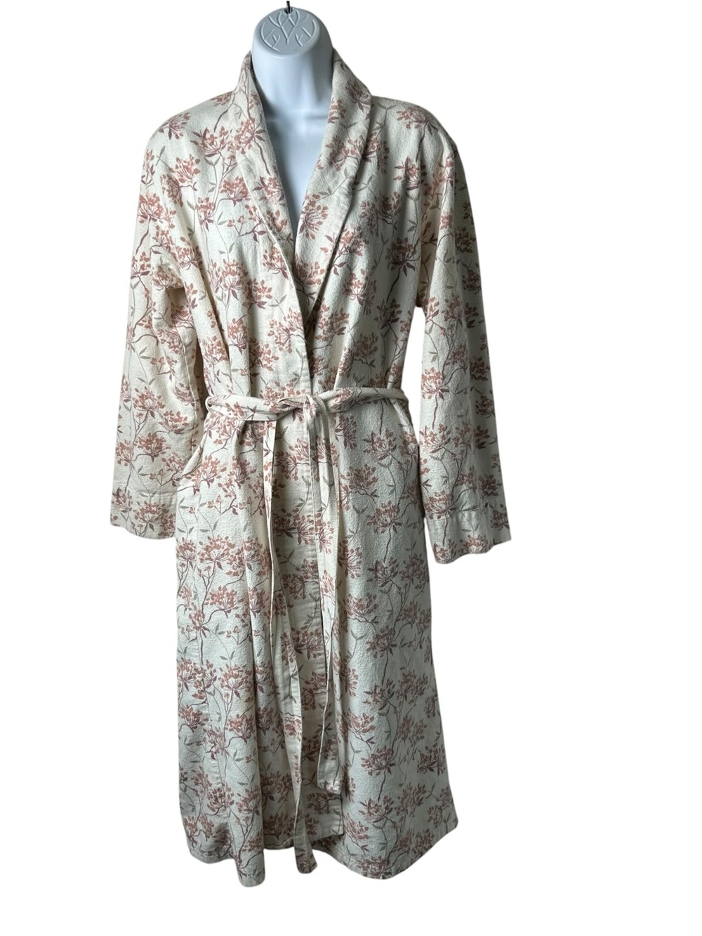 Garnet Hill Organic Cotton Robe Womens Medium Cream Pink Floral Belted Flannel
